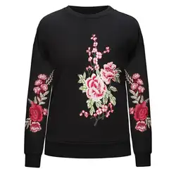 Для женщин Вышивка цветочный черный серый кофты с длинным рукавом Элегантный Теплый Зимний пуловер Винтаж круглым вырезом Повседневное