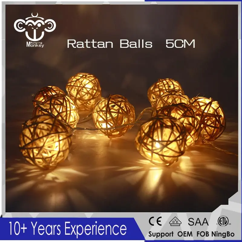 

5CM 1M 10LED Rattan Balls Battery Powered LED String Lights Sepak Takraw for Christmas Tree Wedding Party Living Room Decoration