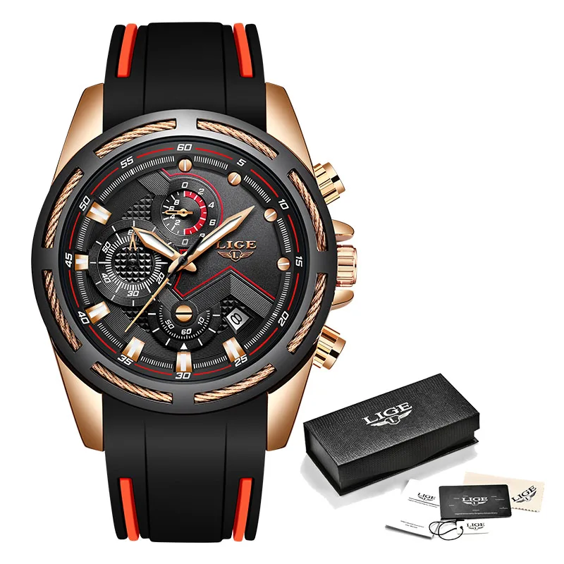 LIGE New Mens Watches Top Luxury Brand Men Unique Sports Watch Men's Quartz Date Clock Waterproof Wrist Watch Relogio Masculino - Цвет: Rose gold black