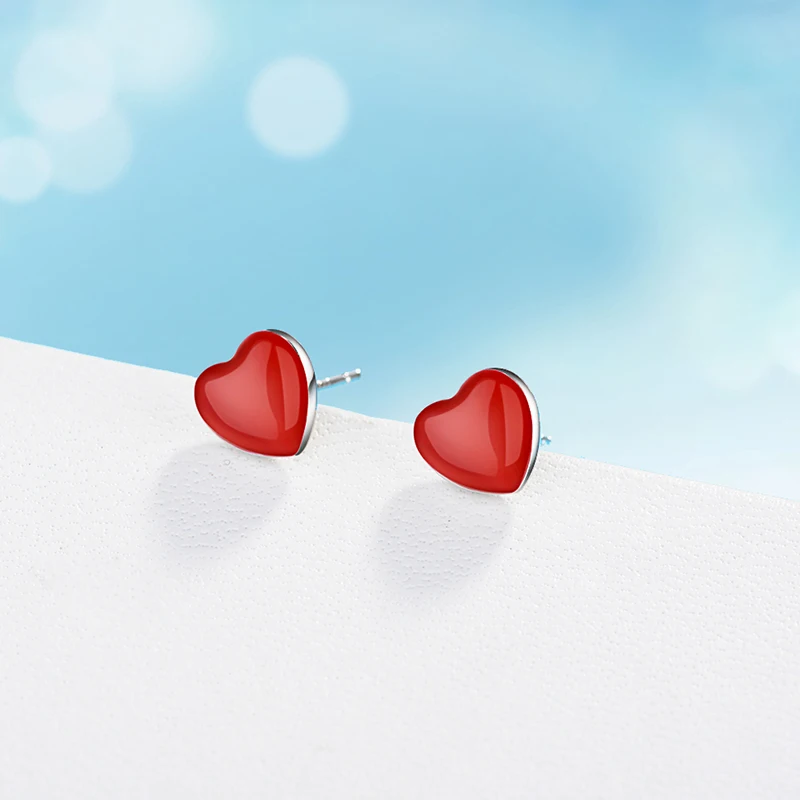 Red Heart Stud Earrings Real 925 Sterling Silver With Smooth Heart Ear