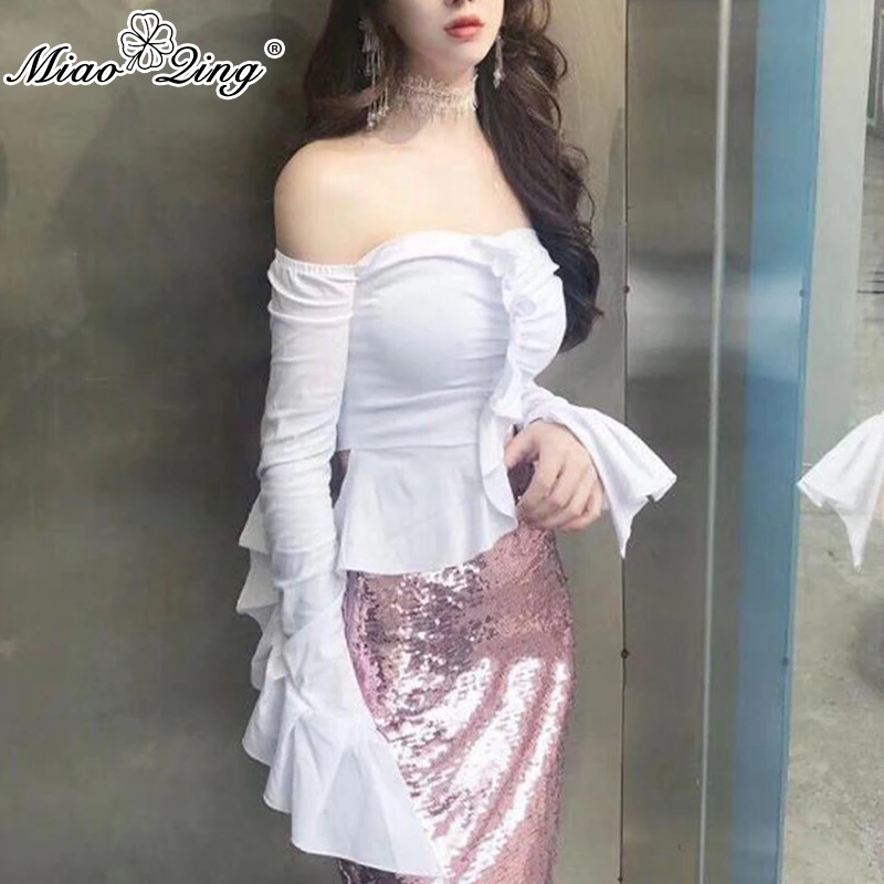 MIAOQING Женские топы и блузки для малышек 2018 Сексуальная Асимметричная корейский с открытыми плечами укороченный топ рубашка длинными