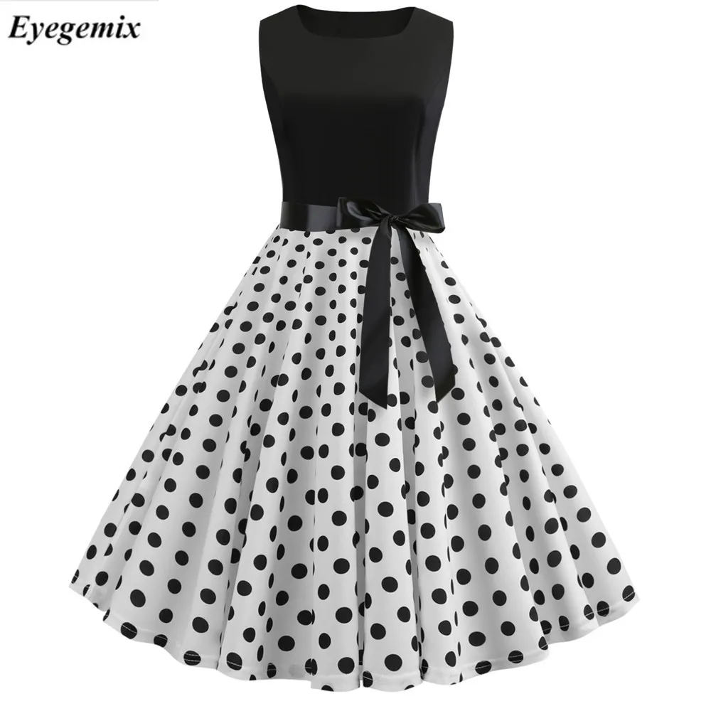 Женское винтажное платье в горошек белое без рукавов с круглым вырезом до колена