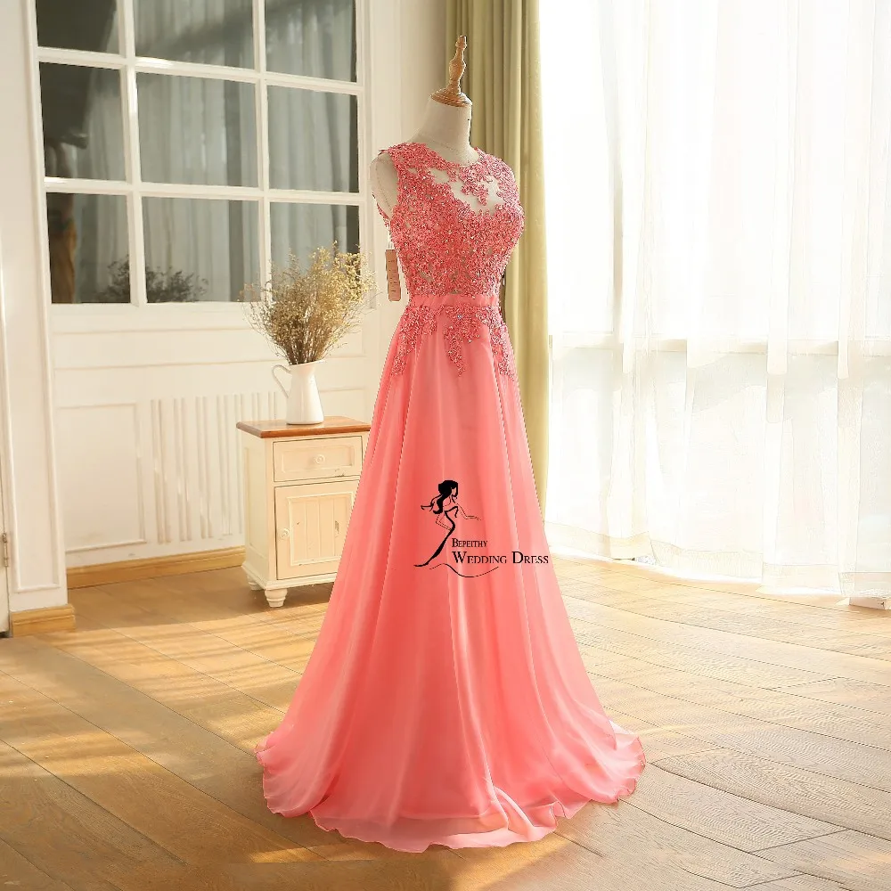 New Arrival Robe De Soiree A line Pink Chiffon Long Evening Dress Party Elegant Sexy Sheer Back Real Image Sleeveless Prom Gown 2016 (26)