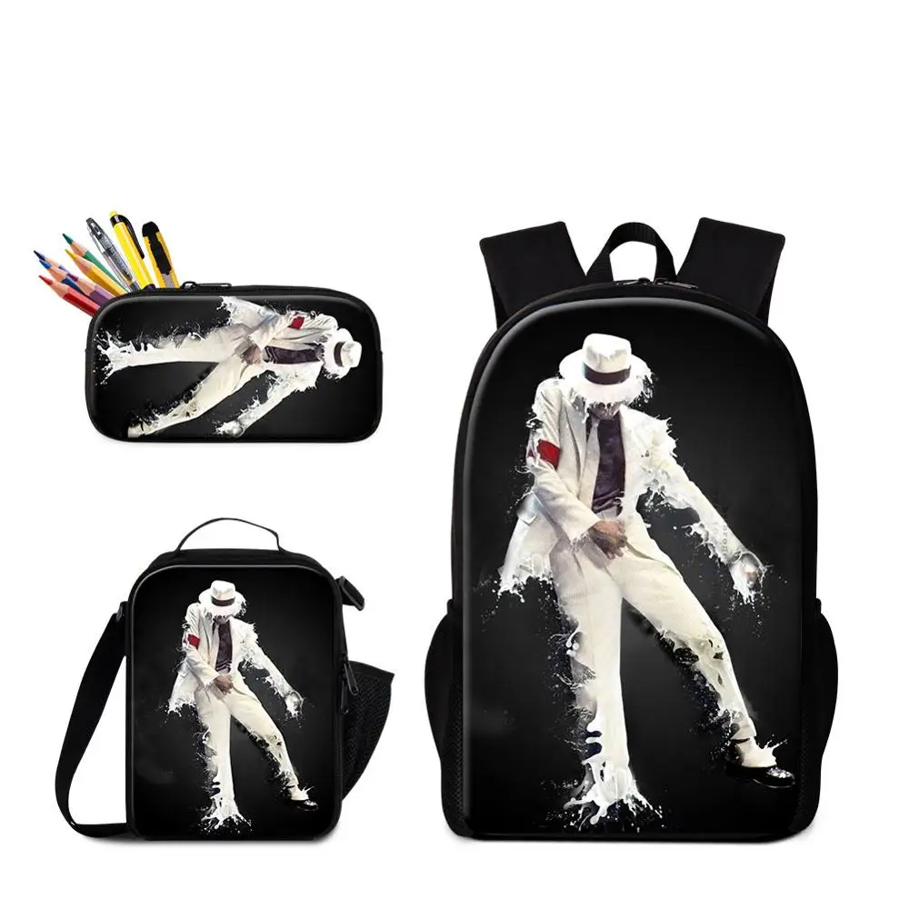 

Black Big Michael Jackson MJ Mochilas Mujer School Backpack+Lunch Cooler Bag+Pencil Bag Children Student Bst Gifts Book Knapsack
