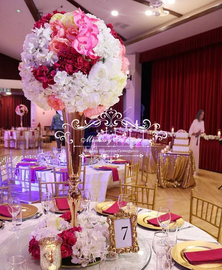 

Royal Gold Flower Vase Trumpet Stand for 50th Party Wedding Inspiration Pink Marriage Planning