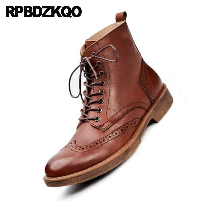 Cheville Pleine Richelieu Designer Marron Wingtip Vintage En Chunky Chaussures Véritable L'armée Militaire Bottes Brun Fleur De Hommes Rétro Combat Cuir 0Pw8OknX