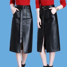 Женская юбка из искусственной кожи размера плюс 5xl Осенняя Повседневная офисная деловая с разрезом Высокая талия Длинные юбки для дам элегантные трапециевидные зимние юбки