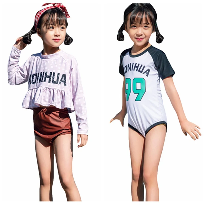 

Girls Two Piece Swimwear Printed Swimsuit Split Swimsuit Long Sleeve Swimming Suit Girls Kids 2019 Beachwear Bathing Suit Pro