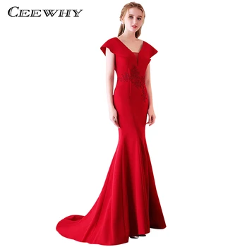 

CEEWHY Real Photos Burgundy Mermaid Evening Dresses Vestido Longo Satin Long Formal Dress Prom Court Train Evening Party Gowns