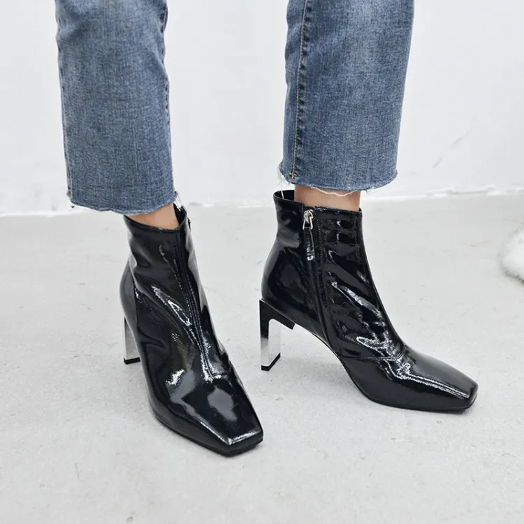Wrinkle Shiny Leather Square Toe Trendy Women Shoes Metal Strange Heel ...