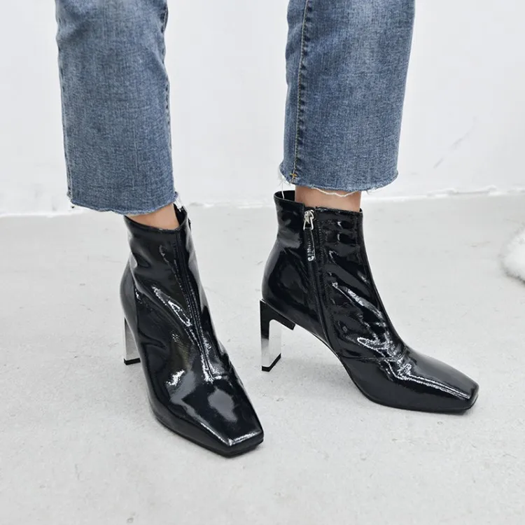 metallic square toe heels