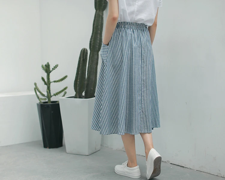 leather skirt Spring Summer Women Vertical stripes Skirts Casual Loose Cotton Linen Female With Pockets Vintage Elastic waist lacing Skirts tennis skirt outfits