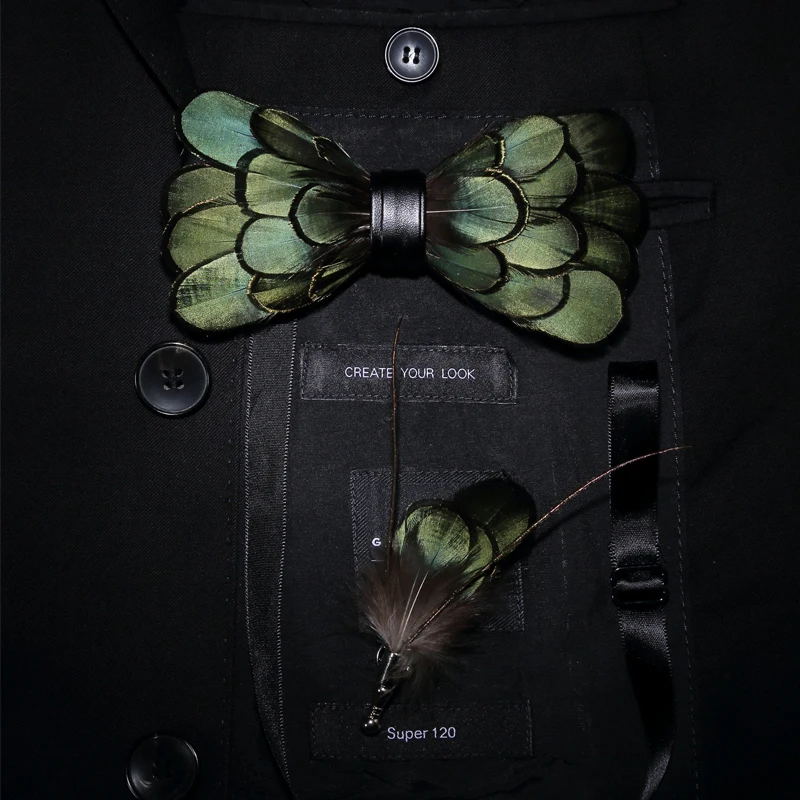 Bow Tie for neck tie Men Business Party Wedding JEMYGINS Original Green Birds Feather Natural Hand Made Gift Box Set