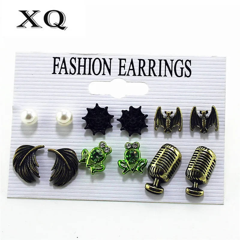 

XQ retro fashion animal 6 pairs / set of drop glaze frog feather bat imitation pearl earrings jewelry hundred matching