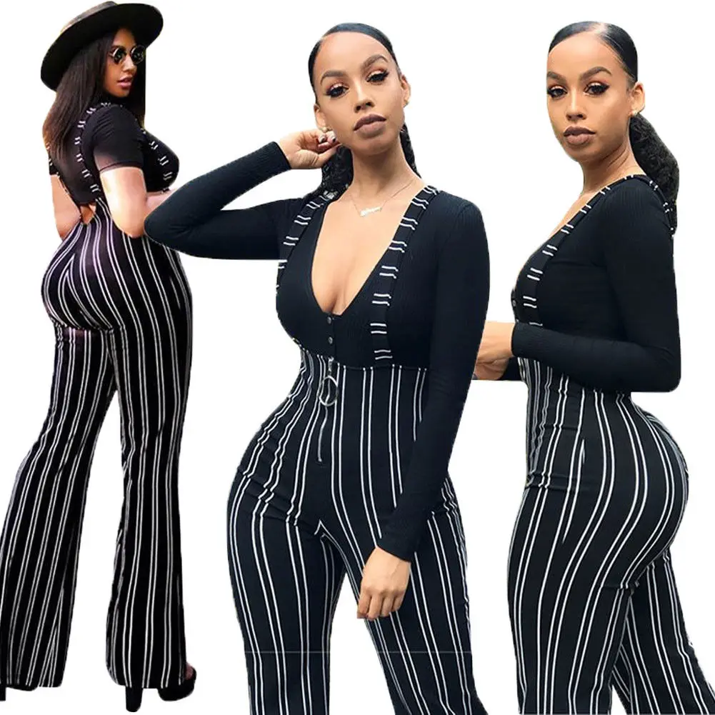 New Fahsion Women's Clubwear Striped Jumpsuits Strap Dungaree Ladies
