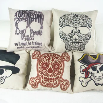

Free Shipping Halloween Decoration 100% Polyester Linen Kito Skull Printed Cushion Cover Waist Support Cojines Throw Pillow Case