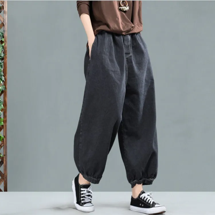 

New Arrival Women Elastic Waist Long Trousers Vintage Button Pockets Bleached Denim Pants