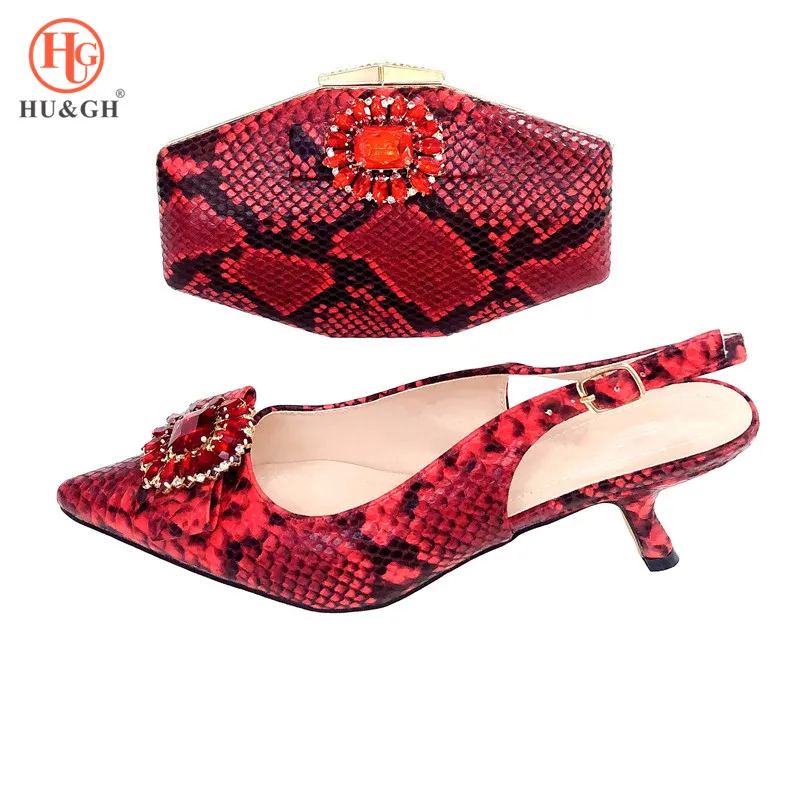 

African Red Snake Print Shoes and Bag Set Italian Shoes with Matching Bag High Quality Women Shoe and Bag To Match Wedding shoes