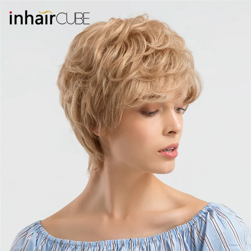 mj1-27-2 INHAIR cube синтетические парики из натуральных волн короткие парики для женщин пушистый Омбре парик из человеческих волос дышащий парик - Цвет: mj1-27-2
