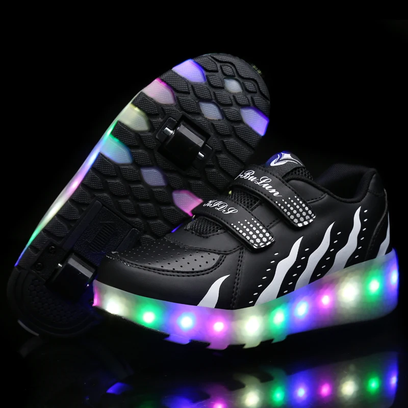 Two Wheels Luminous Sneakers Black Red Led Light Roller Skate Shoes for Children Kids Led Shoes Boy - 32993742404