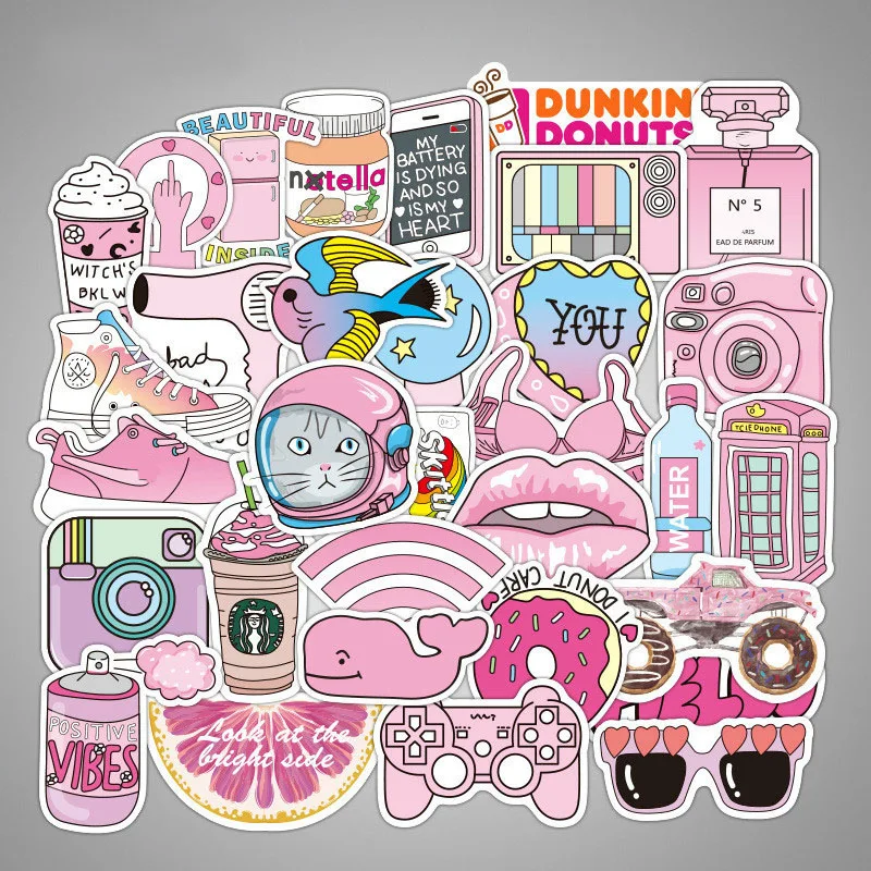 

50pcs Pink Girl Kawaii Fun Stickers for DIY Decorative Laptop Suitcase Luggage Moto Car Skateboard Phone Refrigerator