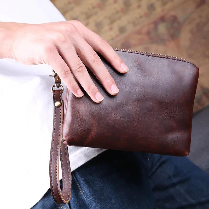 

New Vintage PU Leather Men Envelope Bags Double Zipper Small Messenger Bags Fashion Men Business Mini Shoulder Bag Clutch Bag