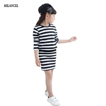 Весенние полосатые платья для девочек с длинным рукавом хлопковые подростковые Детские платья для девочек облегающая Одежда для девочек От 5 до 14 лет