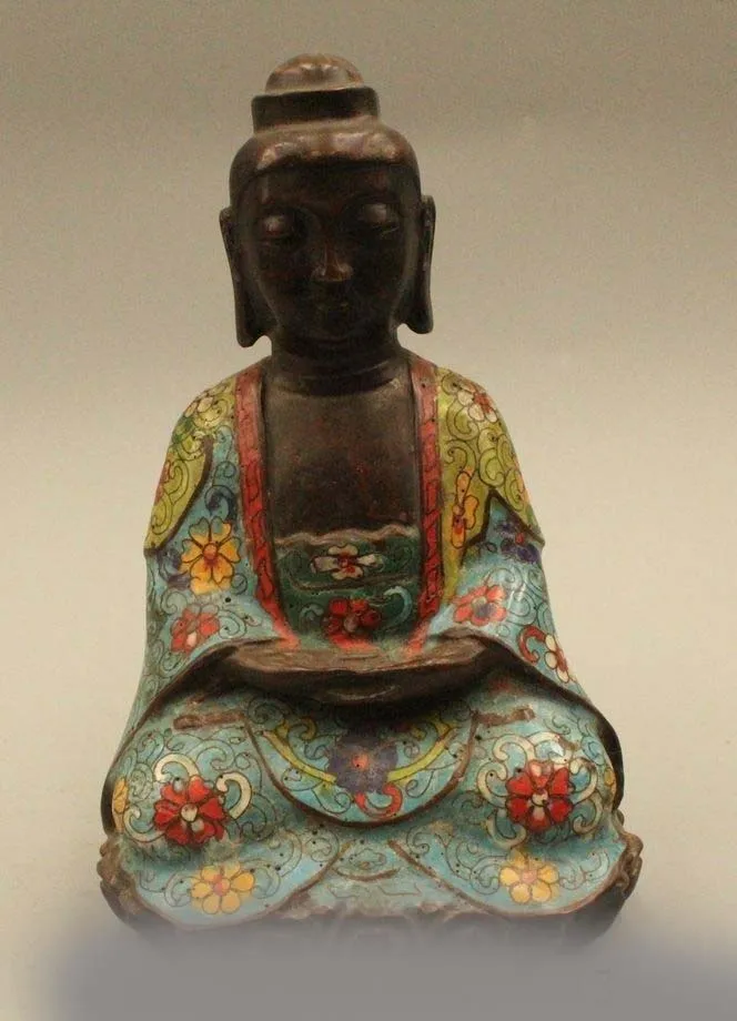 

8"Tibet Buddhism Cloisonne Bronze Seat Lotus Shakyamuni Amitabha Buddha Statue