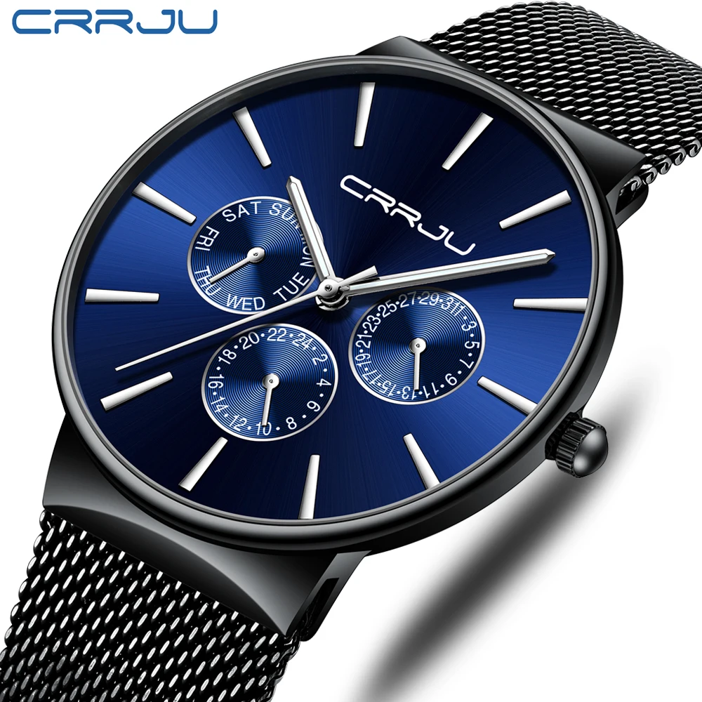 CRRJU Luxury Brand Men's Analog Quartz 24 Hour Date Watches Man 3ATM Waterproof Clock Men Sport Full Steel Wrist Watch