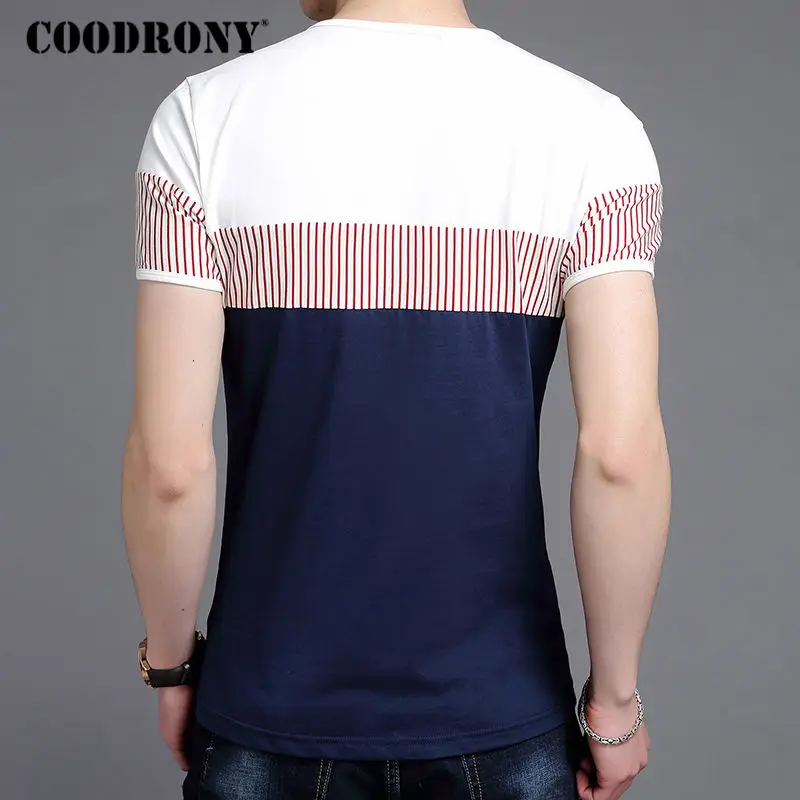 COODRONY, хлопковая футболка, мужская летняя брендовая одежда, футболка с коротким рукавом, Модный Полосатый джентльменский топ с круглым вырезом, футболка Homme 2249