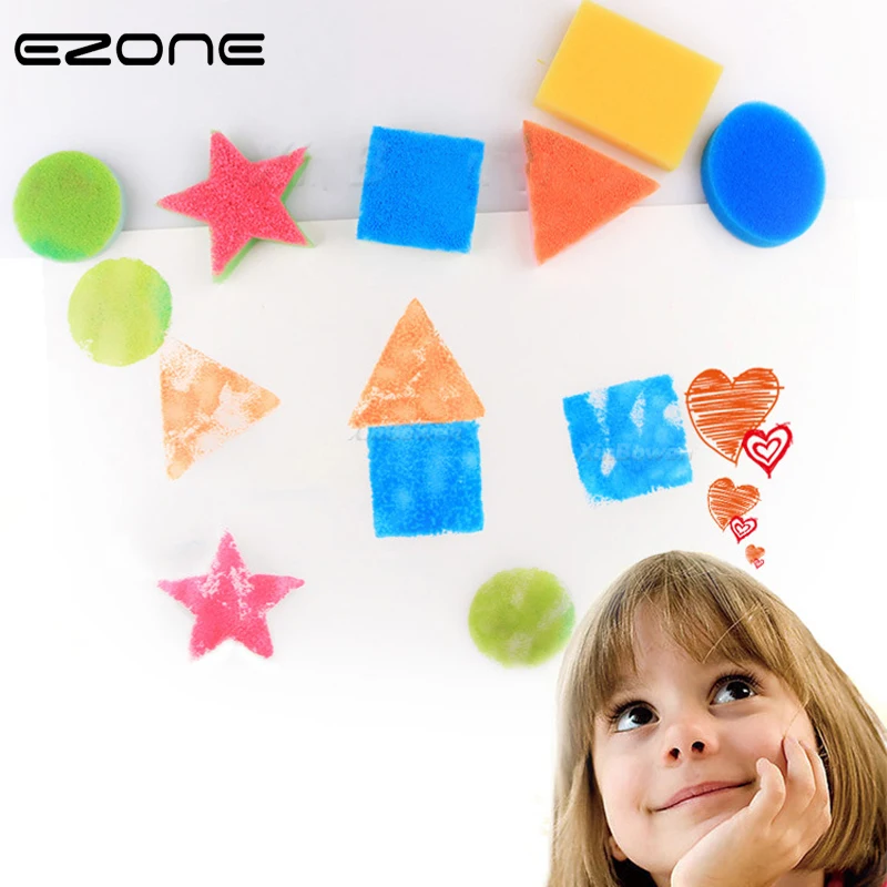 

EZONE 6PCS DIY Sponge Seal Paint Brush Round/Oval/Square/Rectangle/Five-pointed Star/Triangle Shape For Children DIY Painting