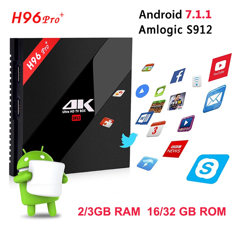 

H96 PRO Plus+ Android 7.1 TV Box 3G 32G Amlogic S912 64bit WIFI Bluetooth 4.1 LAN 4K&2K Smart Media Player Set top box