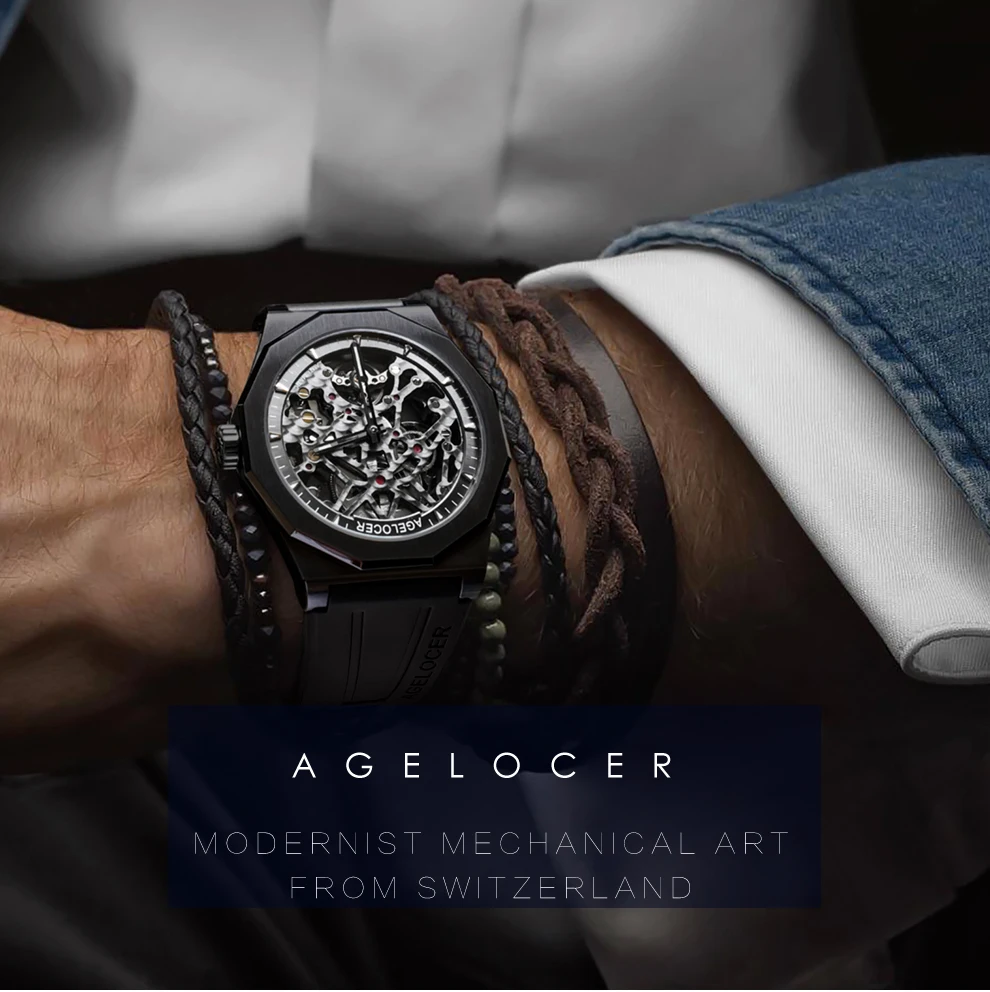 Agelocer все черные Автоматические механические часы из натуральной кожи ремешок запас мощности водонепроницаемые часы 6001J1