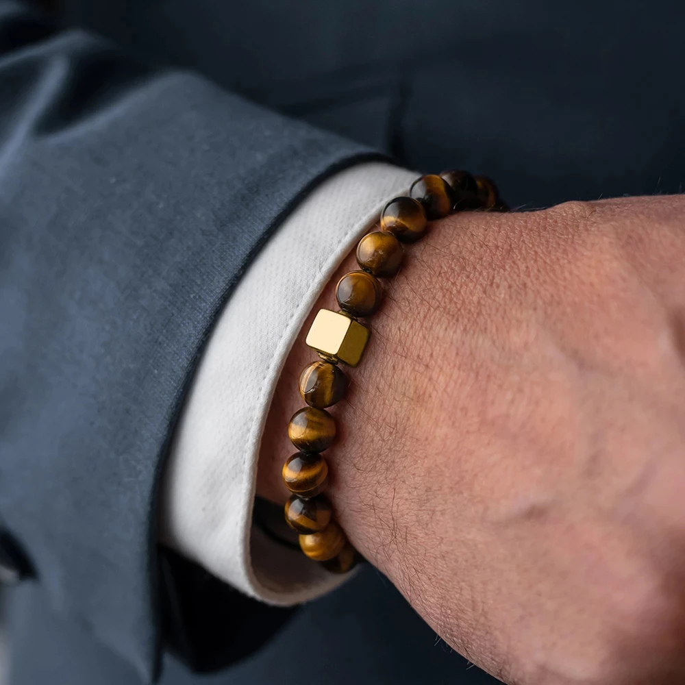 

Men Bracelet Essential Charm Jewelry Fashion Luxury Golden & silver cube 8mm tiger eye stone bead handmade Bracelets Male homme