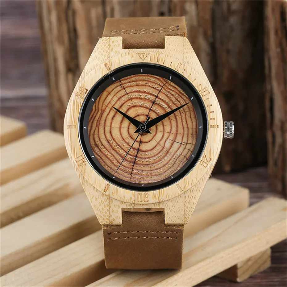 Casual Minimalist Growth Ring Pattern Bamboo Men Quartz Wrist Watch Nature Wood Genuine Leather Band Strap Sport Gifts (15)