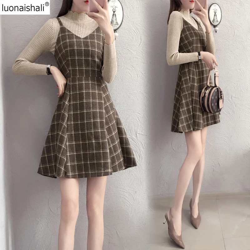 

Vintage Fashion Women Two Pieces Dresses Knitting Long Sleeve Turtle Neck Fitted Sweater A-Line Plaid Pattern Office Dress Z682
