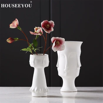 

Creative White Matte Glazed Face Ceramic Tabletop Vase Model Ornament Portrait Flower Pot Flowerpot Home Office Hotel Decoration