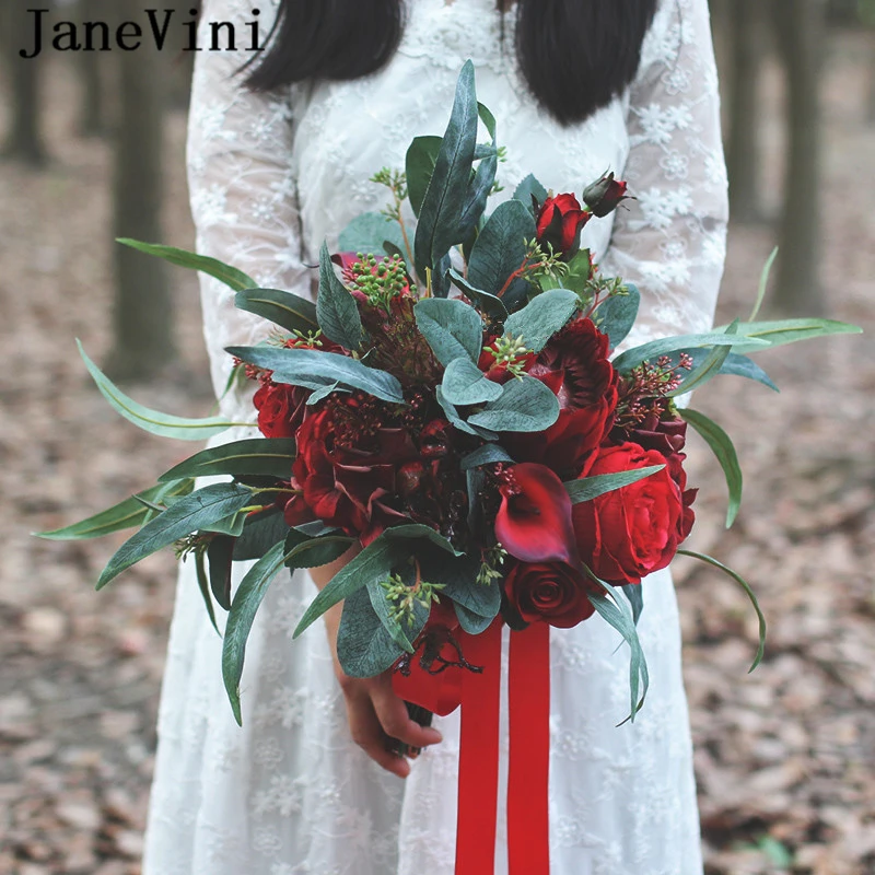 JaneVini винтажные Свадебные букеты темно-красные свадебные розы искусственные Бохо шелковые цветы букет невесты Свадебные аксессуары