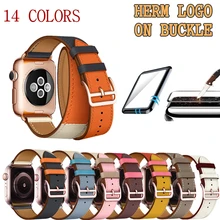HERM логотип розовое золото застежка Свифт кожа двойной один тур часы ремешок для Apple Watch 44 мм 40 мм Замена для iWatch 5 4