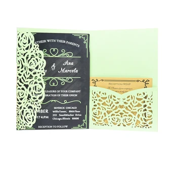 

Wholesale Tri-fold TF01 card wedding invitation laser cut elegant mint green pearl paper invitation card
