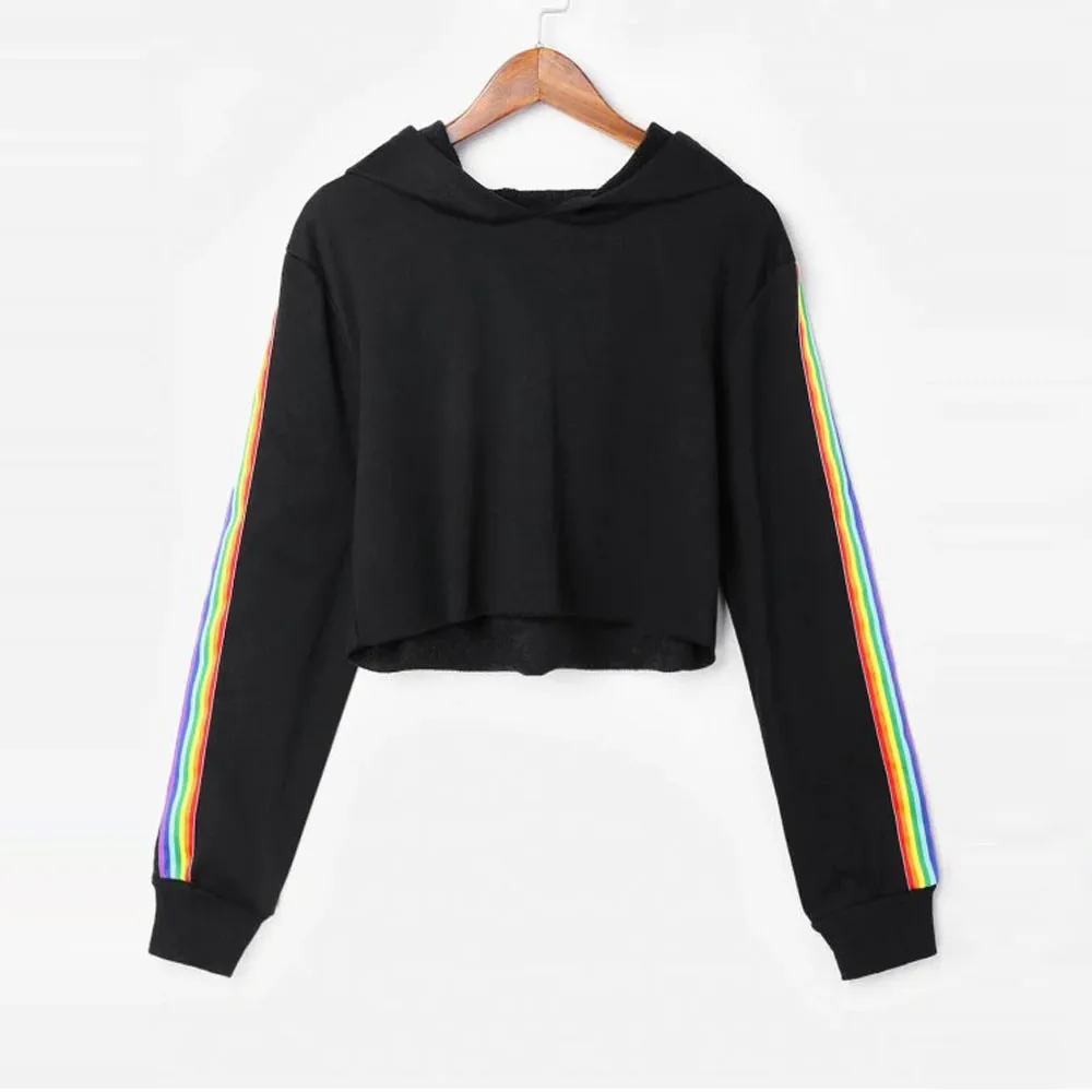

Womens Striped Rainbow solid Crop Hoodie Sweatshirt short Jumper Hooded Pullover Top womens clothing blusas tumblr TT