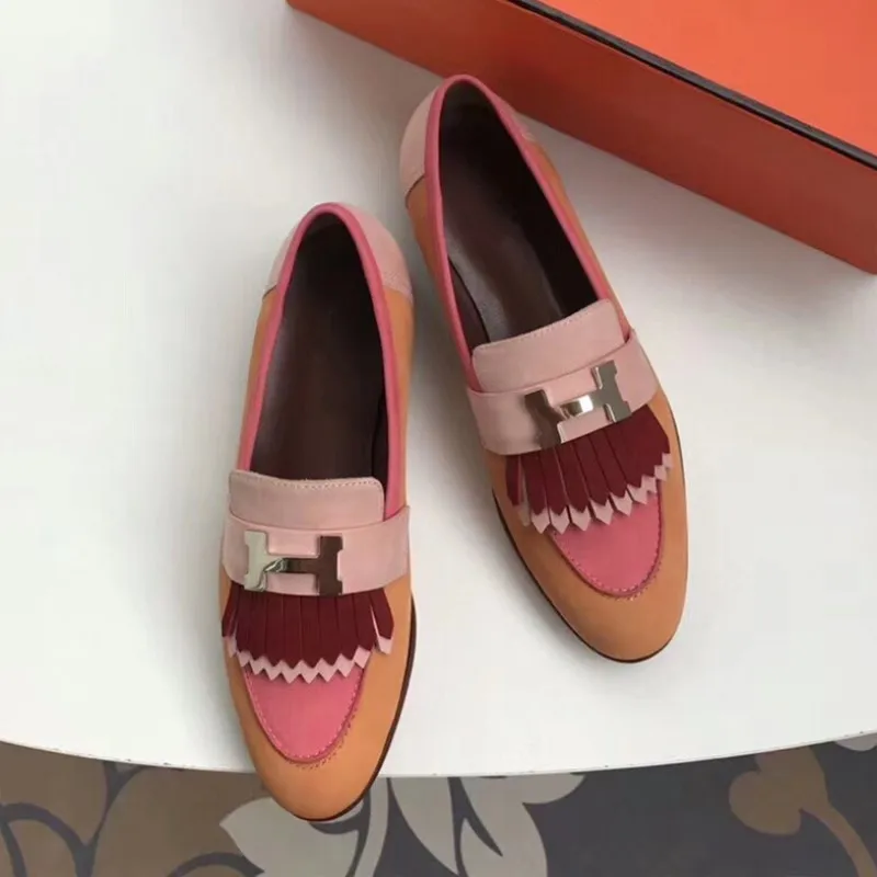 

Metallic H Embellished Fringed Suede And Leather British Styles Slip On Flats For Women Round Toe Loafers Genuine Leather