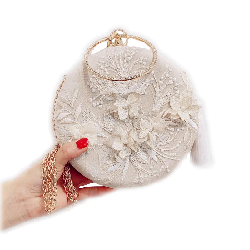 Famous Designer Women Evening Chain Bag Beige Ladies Luxury Embroidery Flower Vintage Clutch Bag Round Purse and Hand Bags Beige
