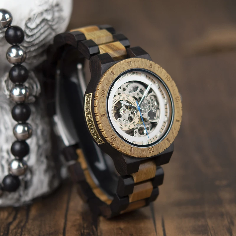 BOBO BIRD Wooden Mechanical Watch Men Luxury Retro Design Case With Gold Label Beside Automatic and Multi-Functional Wristwatch
