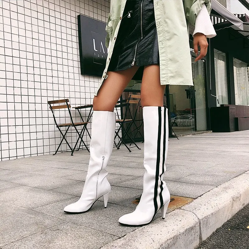 

Runway style winter black white Knee high Boots spiked high heels thigh high Boots women booties zapatos mujer