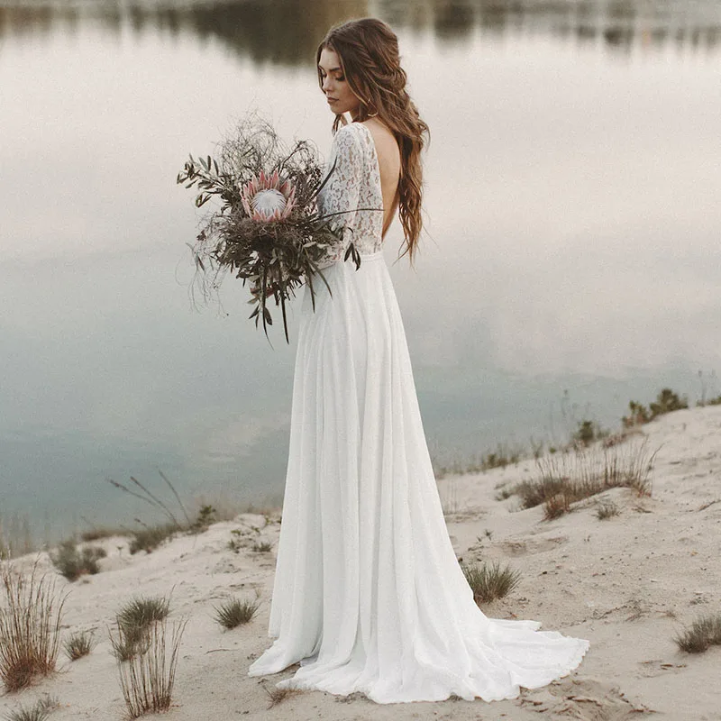 

Simple Double V-neck Long Sleeve Wedding Dresses Chiffon Beach Bridal Gown Vestido de Novia Sexy Back Lace Robe de Mariage