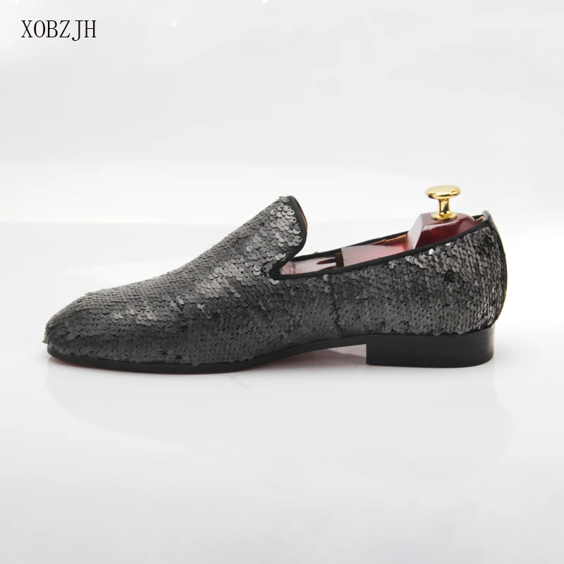

XOBZJH Man Shoes 2019 New Summer Sequin Cloth Shoes Man'S Fashion Business Dress Wedding Party Slip On Gray Shoes Big Size