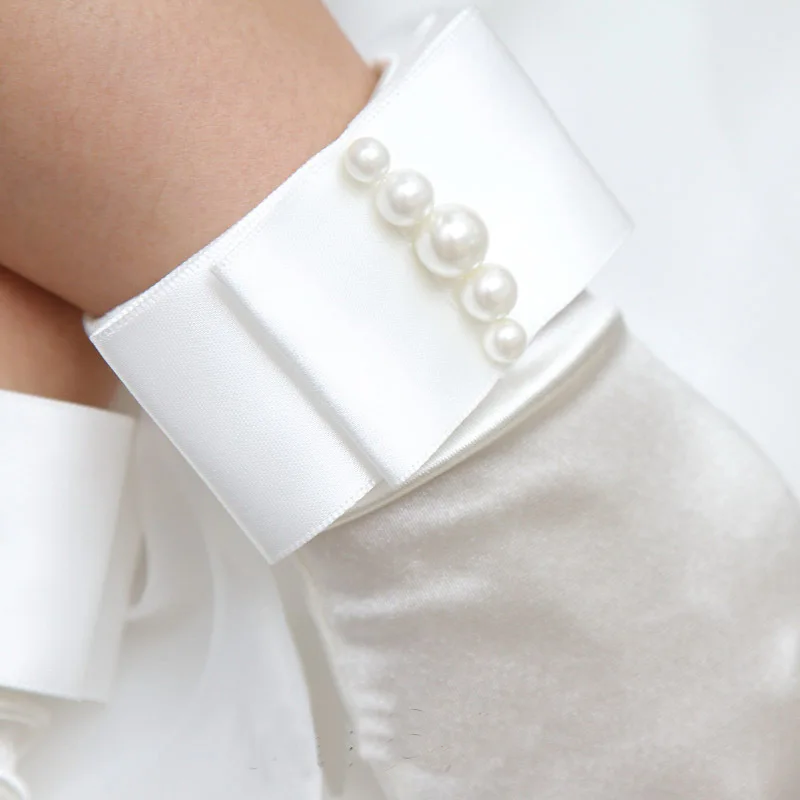 Белый Променад наручные Аксессуары для невест атласная Короткие перчатки для стрельбы из лука бисера Вечерние Платье для причастия
