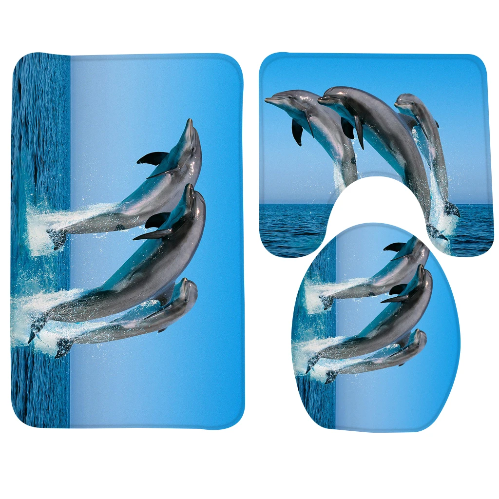 3pcs Bath Mat Set Animals Bath Mat Dolphin Jumping Toilet Mat Anti Slip