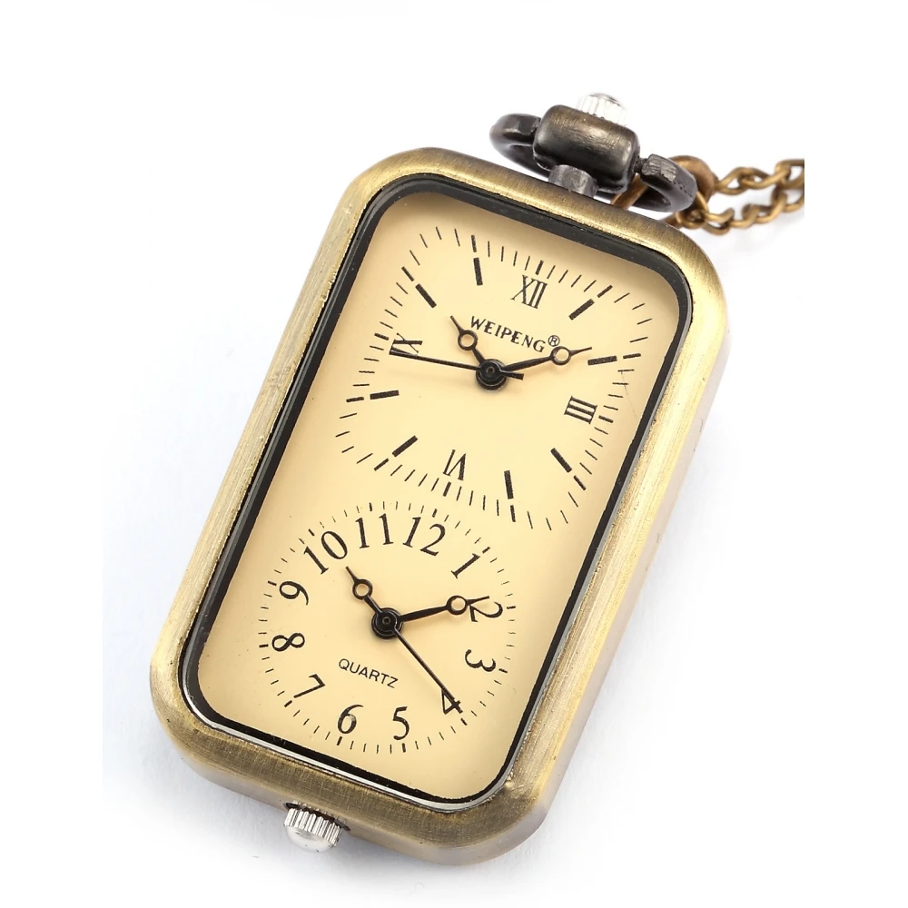 Classic Retro Bronze Rectangle Dial Dual Time Zone Movement Pocket